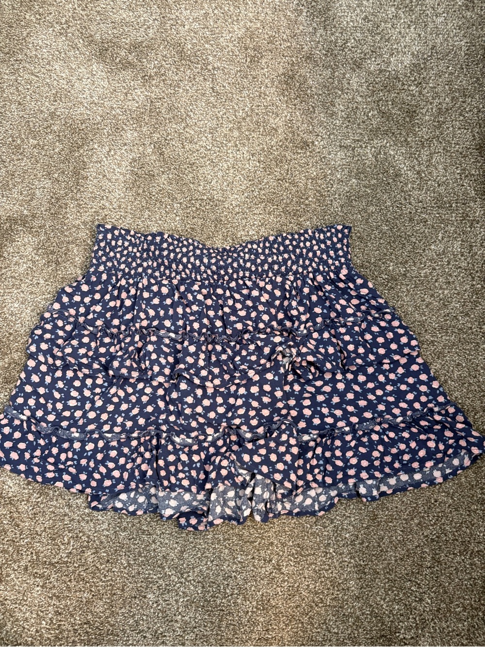 aerie Blue Ruffle Mini Skirt with Pink Floral Print